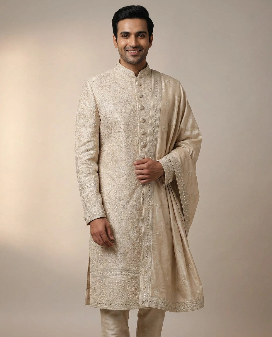 Beige Sherwani in Tissue Embroidery - Rangoli India