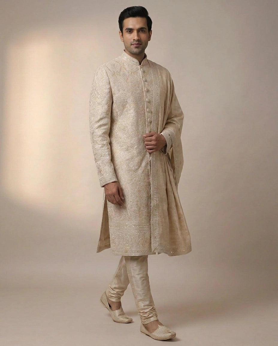 Beige Sherwani in Tissue Embroidery - Rangoli India