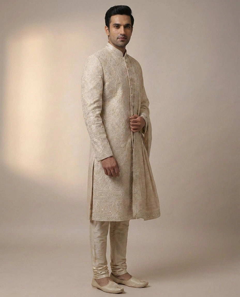 Beige Sherwani in Tissue Embroidery - Rangoli India