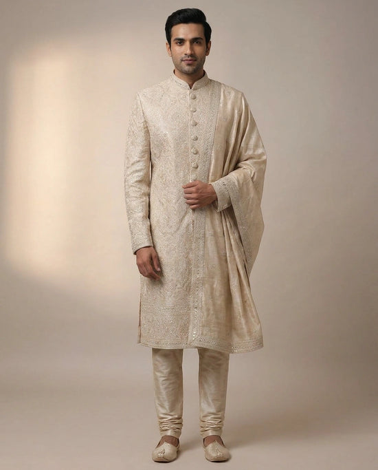 Beige Sherwani in Tissue Embroidery - Rangoli India