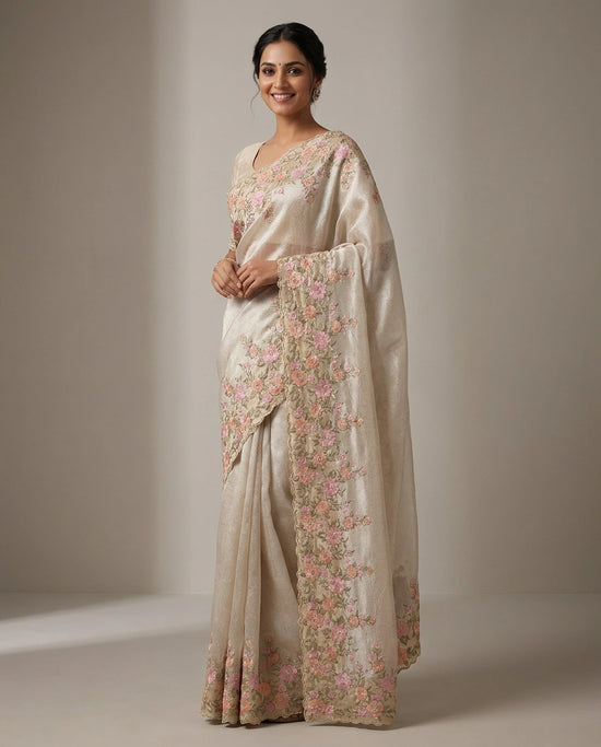 Woman wearing a beige saree with floral patterns against a plain background