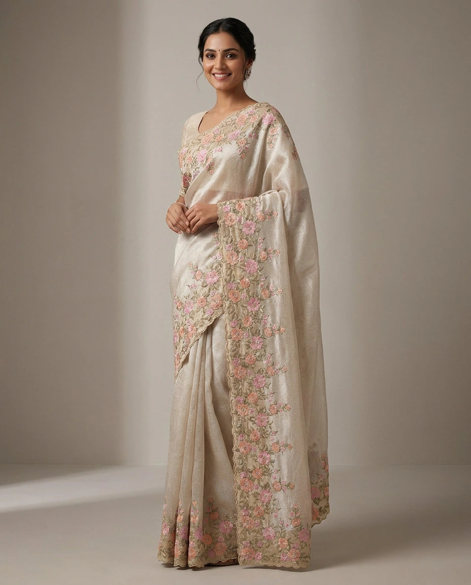 Woman wearing a beige saree with floral patterns against a plain background