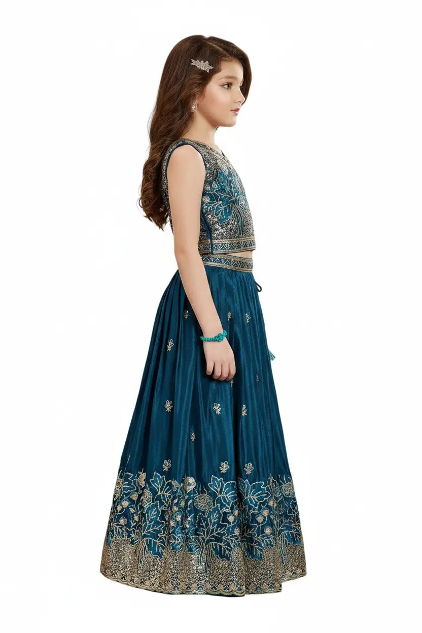 Woman wearing a blue embroidered traditional outfit on a white background