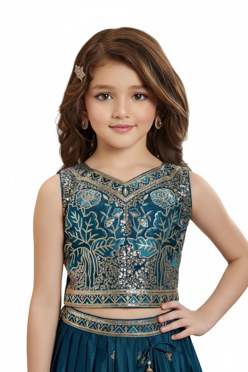Young girl wearing a blue and gold embroidered top on a white background