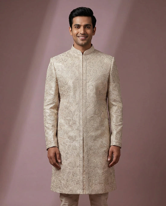Beige Tissue Sherwani - Rangoli India
