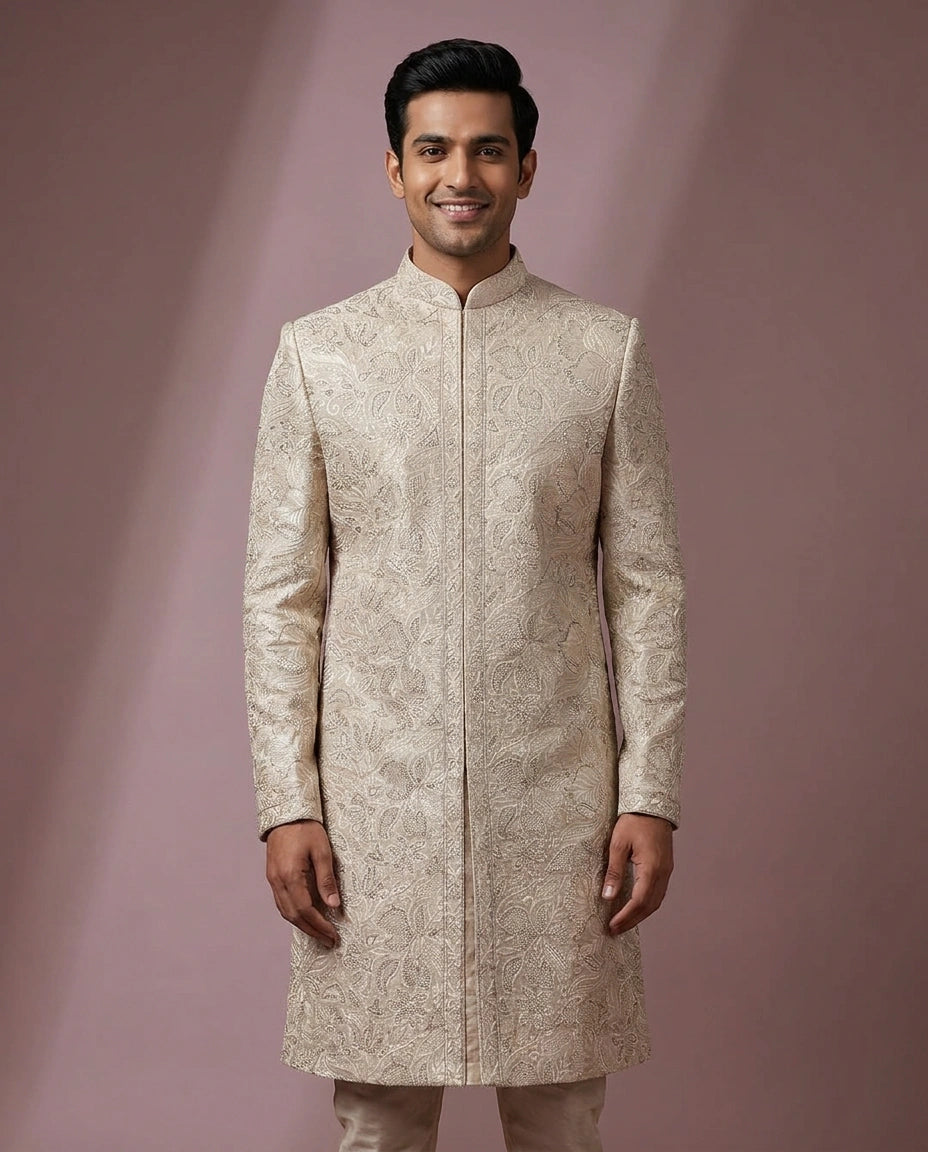 Beige Tissue Sherwani - Rangoli India