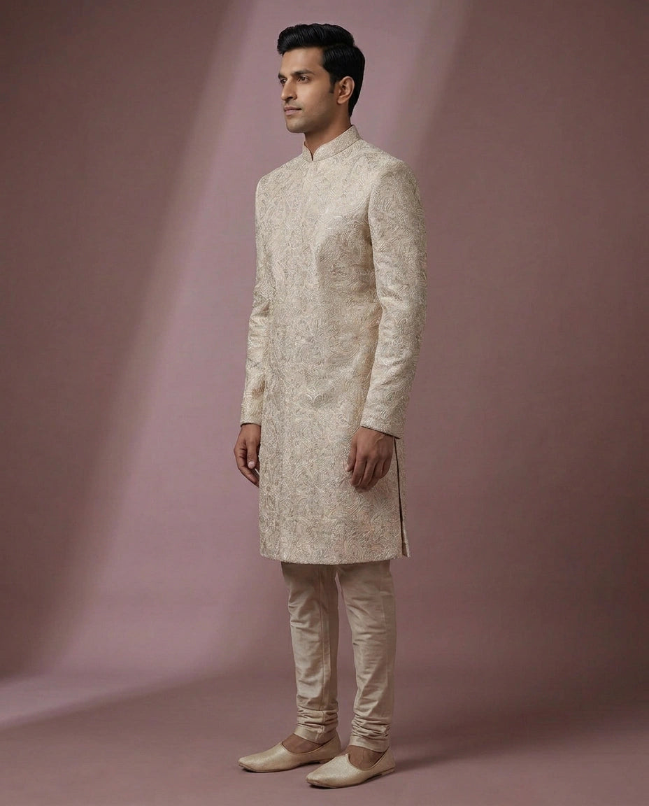 Beige Tissue Sherwani - Rangoli India