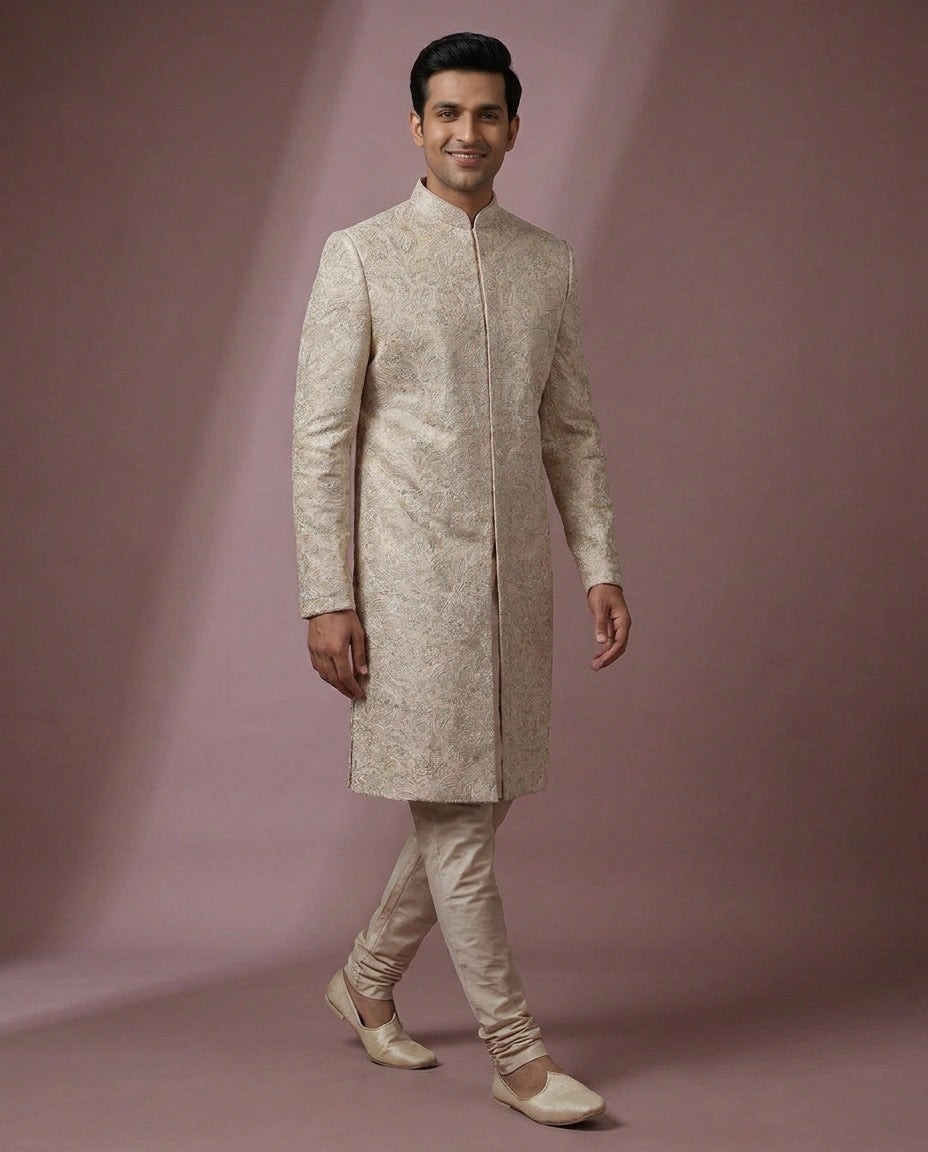 Beige Tissue Sherwani - Rangoli India