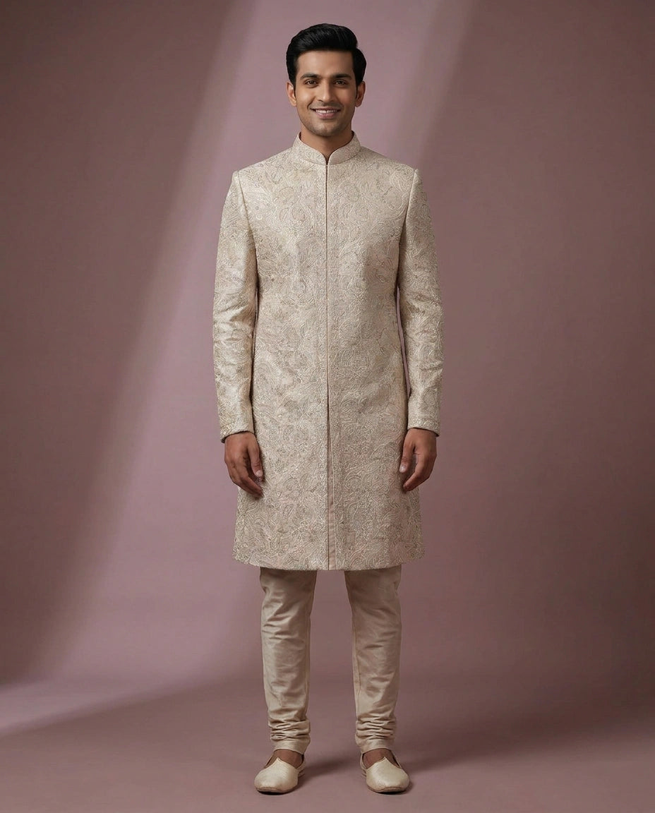 Beige Tissue Sherwani - Rangoli India