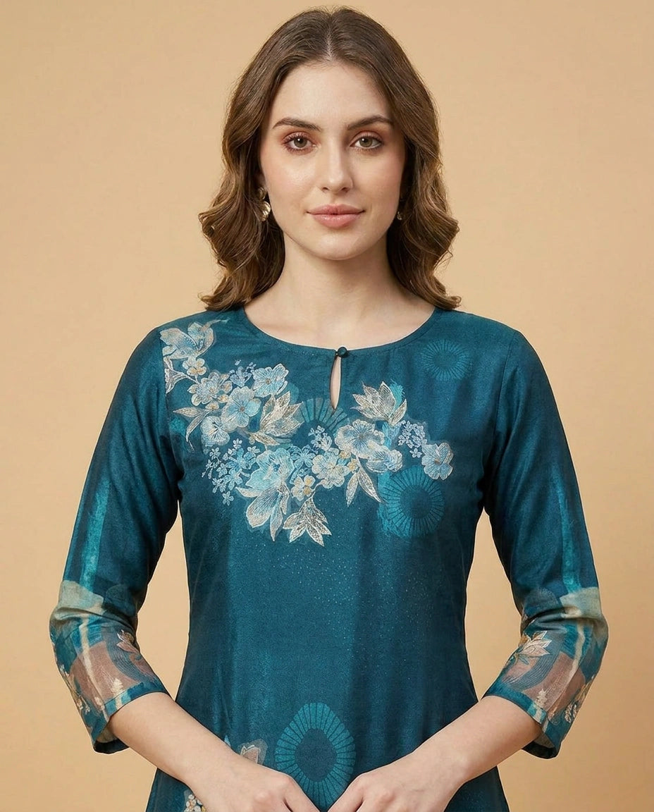 Dola Silk Kurti with Tonal Thread Embroidery Online India - Rangoli India