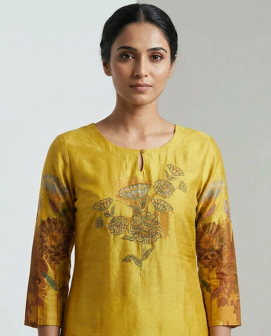 Dola Silk Kurti with Embroidered Yoke Detail Online India - Rangoli India