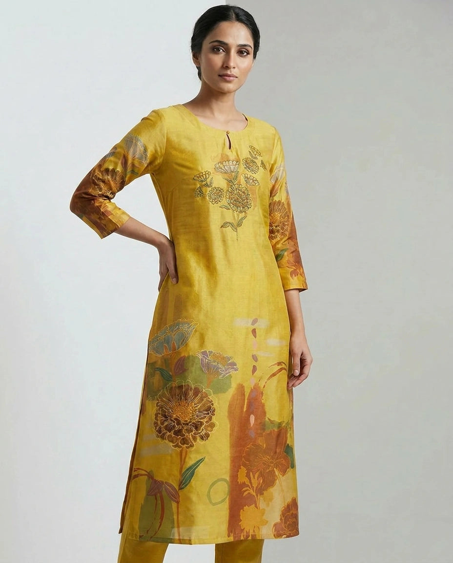 Dola Silk Kurti with Embroidered Yoke Detail Online India - Rangoli India