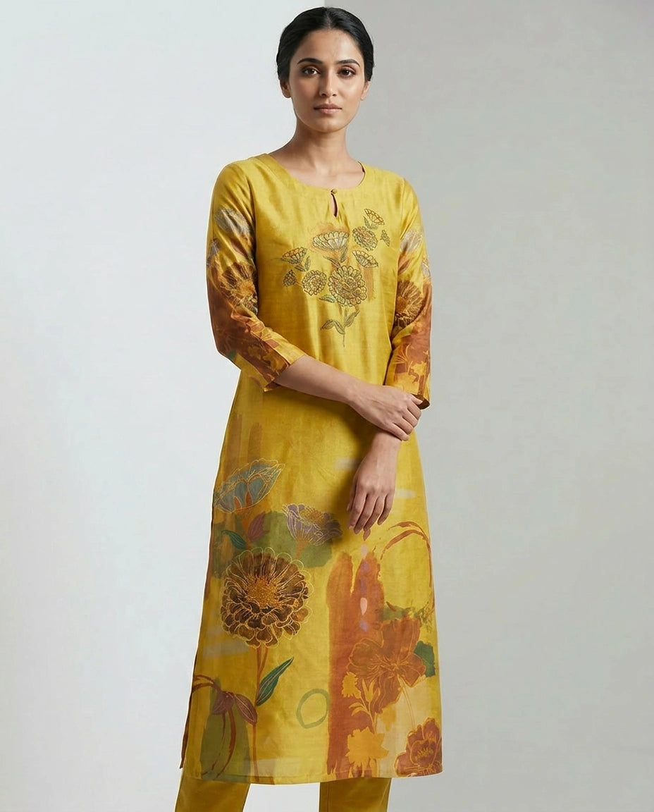 Dola Silk Kurti with Embroidered Yoke Detail Online India - Rangoli India