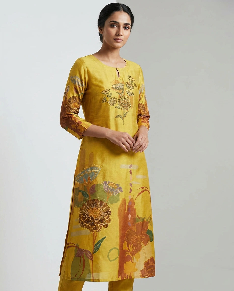 Dola Silk Kurti with Embroidered Yoke Detail Online India - Rangoli India