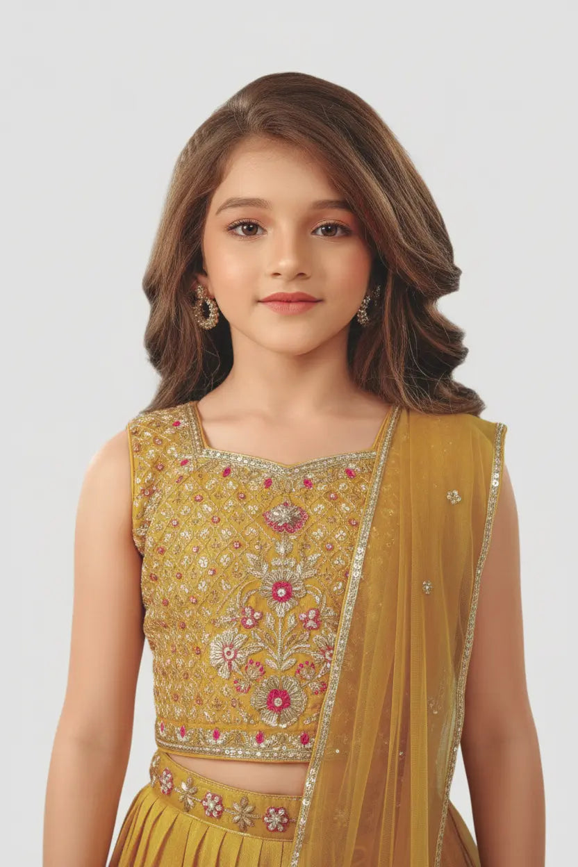 Young girl wearing a yellow embroidered traditional outfit on a white background