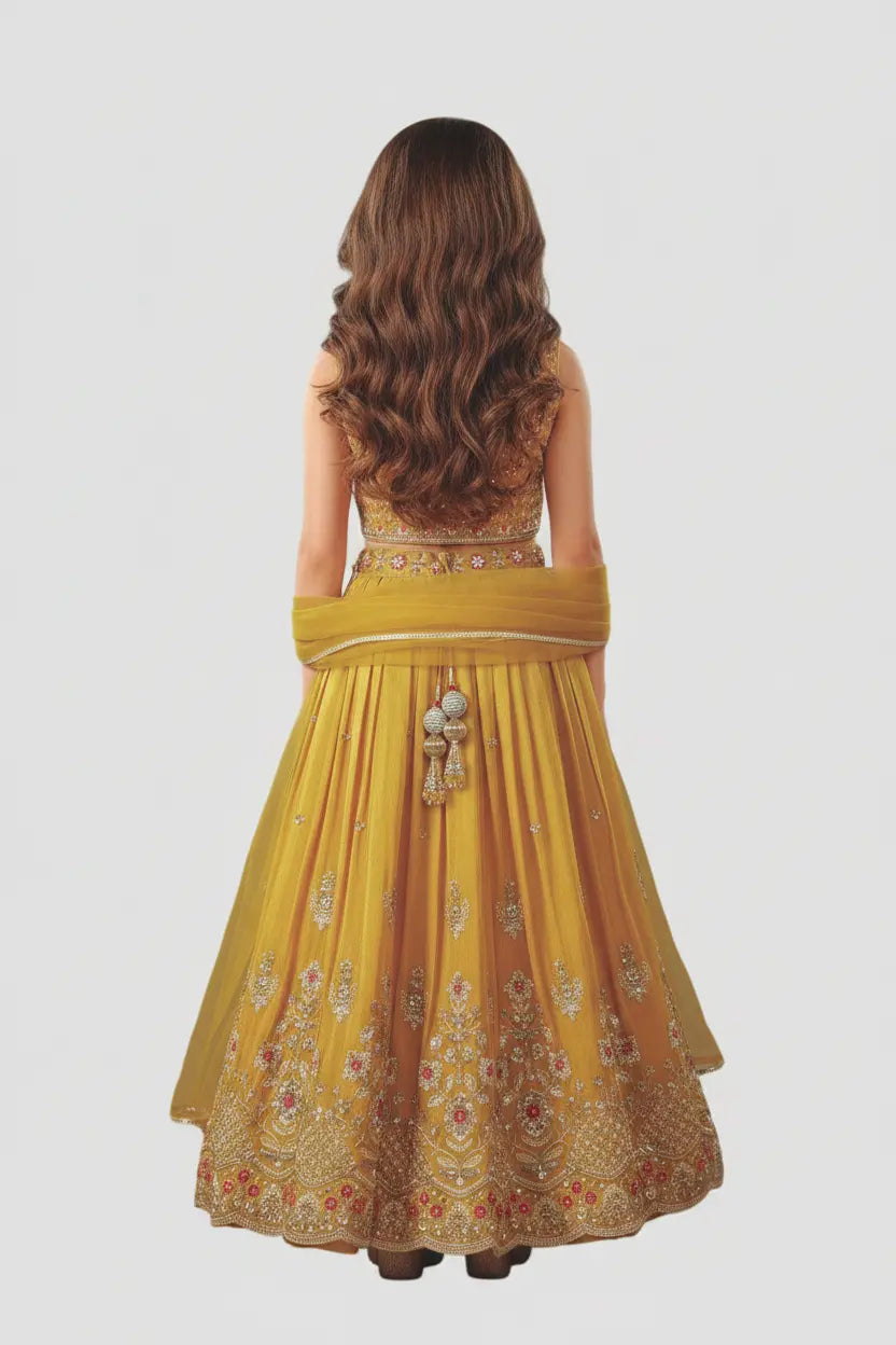Woman wearing a yellow embroidered traditional outfit on a white background