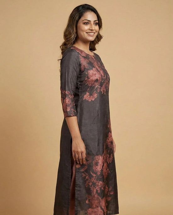 Brown Dola Silk Straight Kurti for Women - Festive Wear