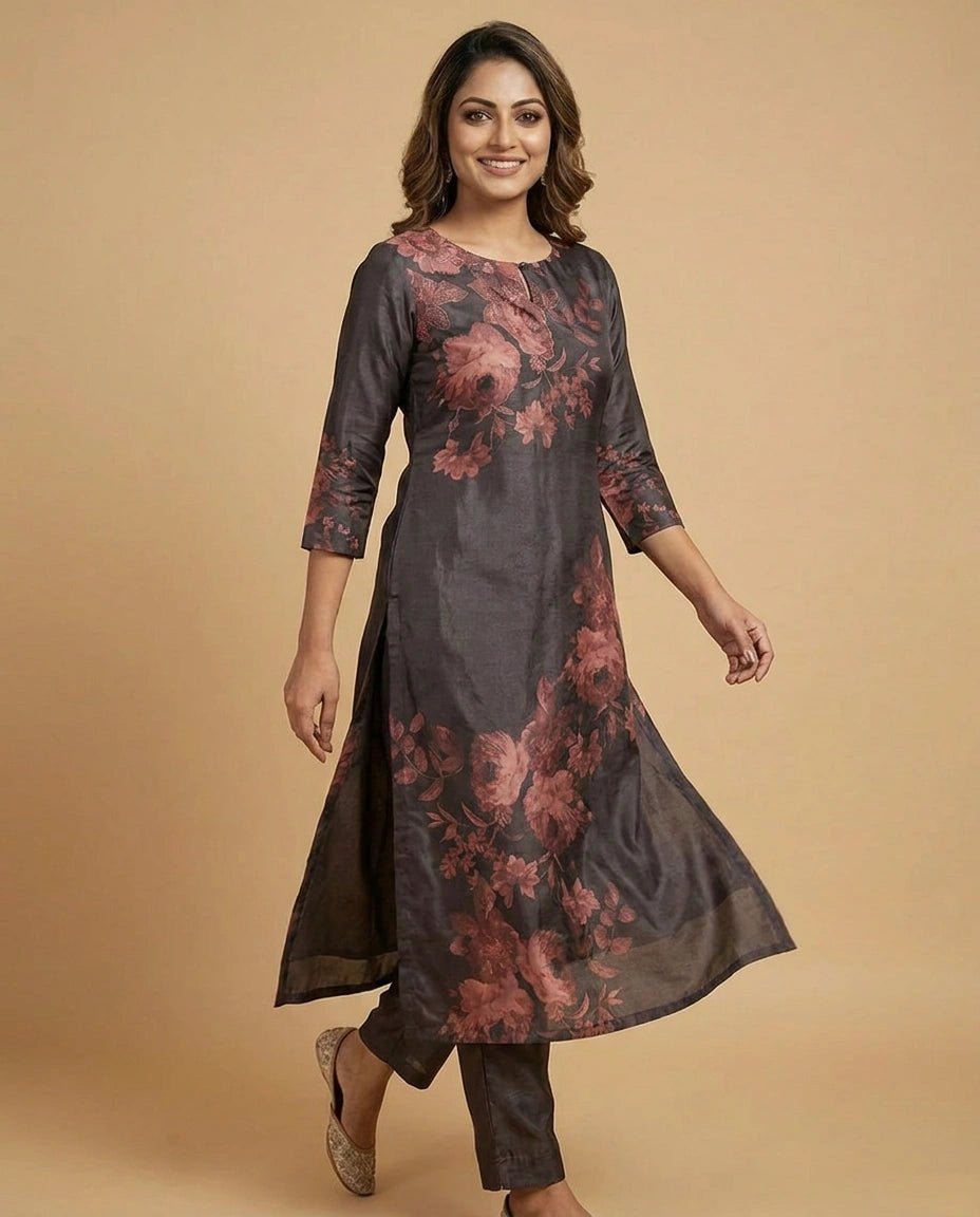 Brown Dola Silk Straight Kurti for Women - Festive Wear