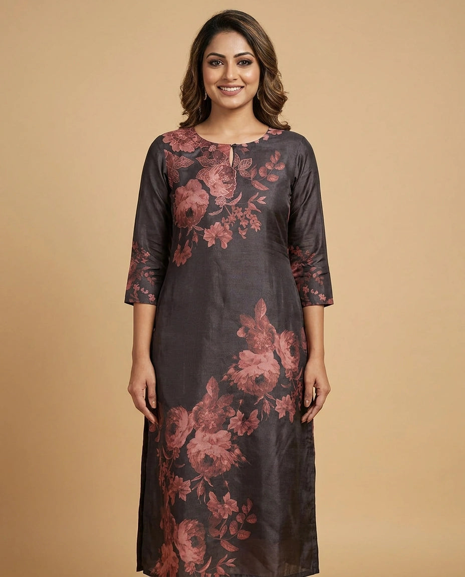 Brown Dola Silk Straight Kurti for Women - Festive Wear