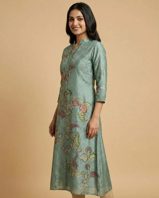 Turquoise Dola Silk Straight Kurti for Women - Festive Wear