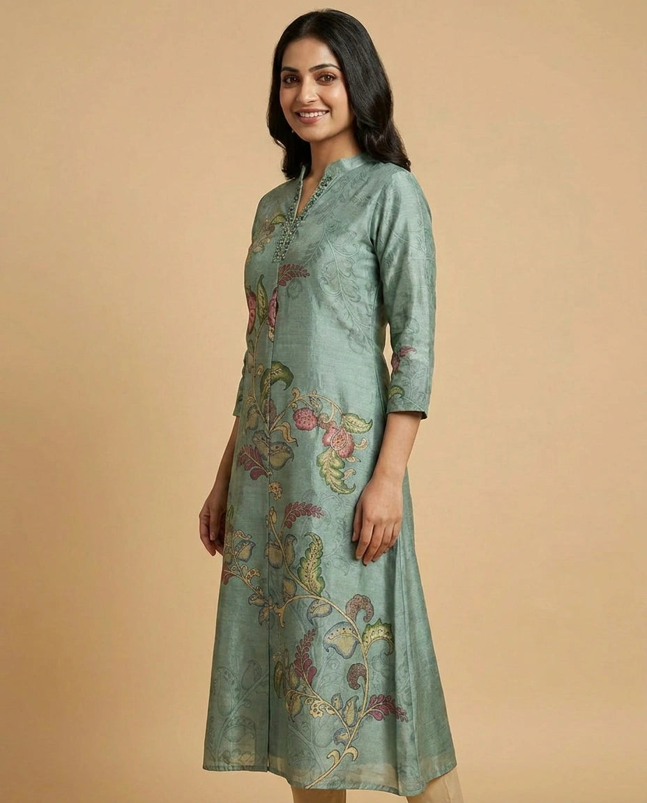 Turquoise Dola Silk Straight Kurti for Women - Festive Wear