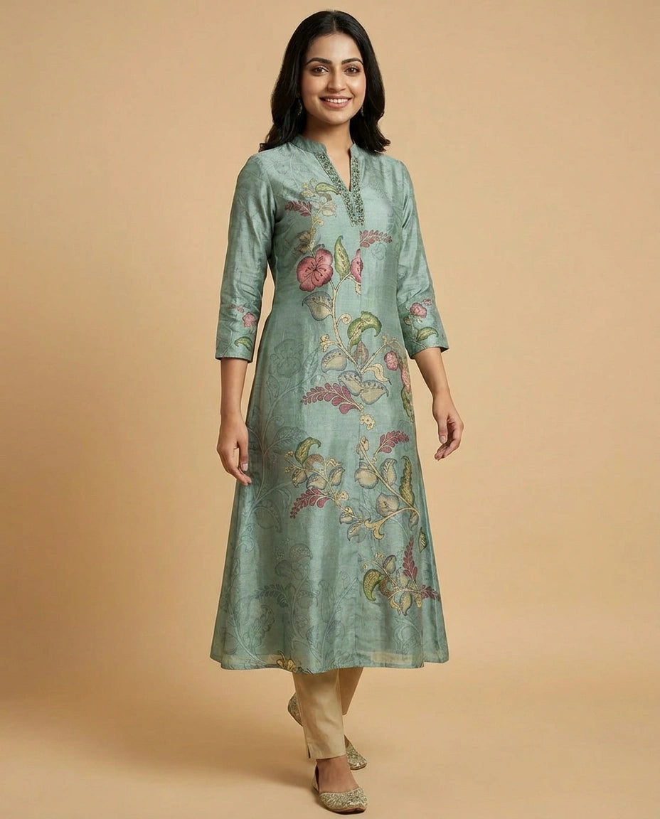 Turquoise Dola Silk Straight Kurti for Women - Festive Wear