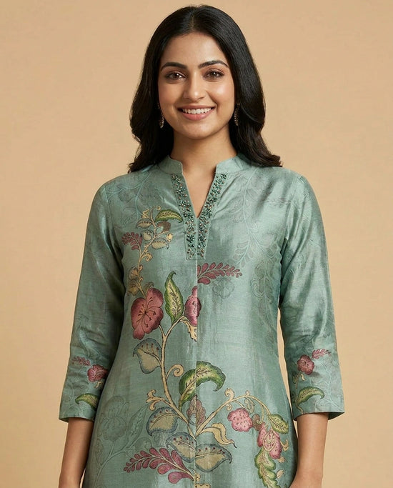 Turquoise Dola Silk Straight Kurti for Women - Festive Wear