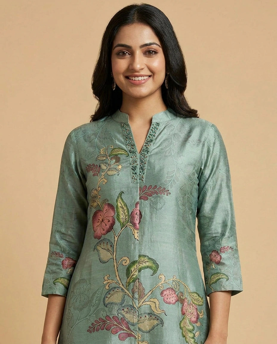 Turquoise Dola Silk Straight Kurti for Women - Festive Wear