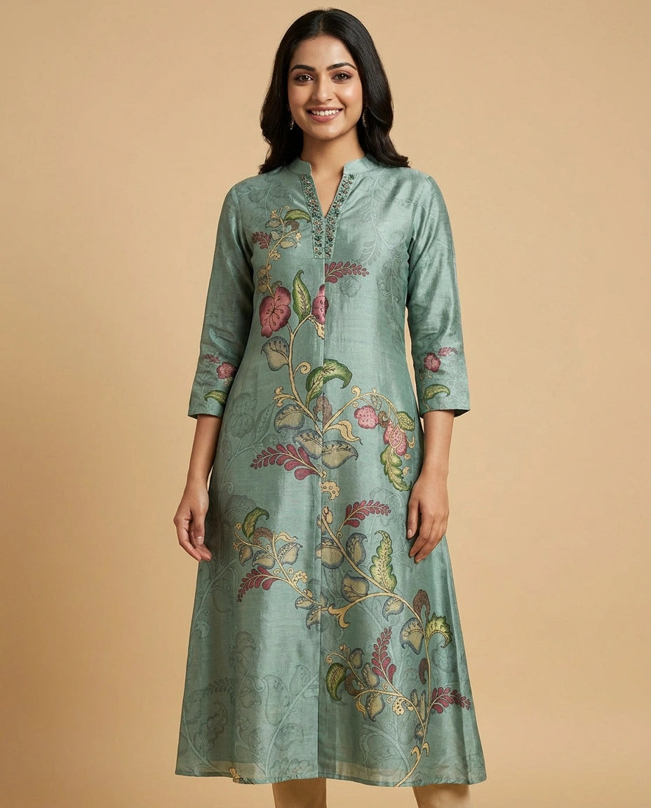 Turquoise Dola Silk Straight Kurti for Women - Festive Wear
