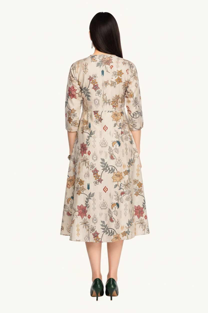 Woman wearing a floral dress on a white background