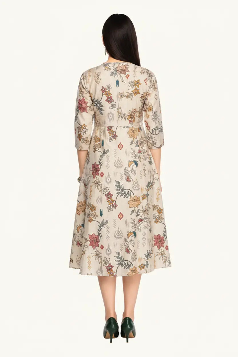 Woman wearing a floral dress on a white background