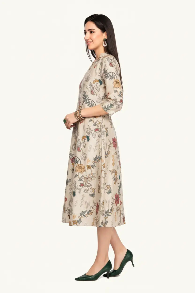 Woman wearing a floral dress on a white background