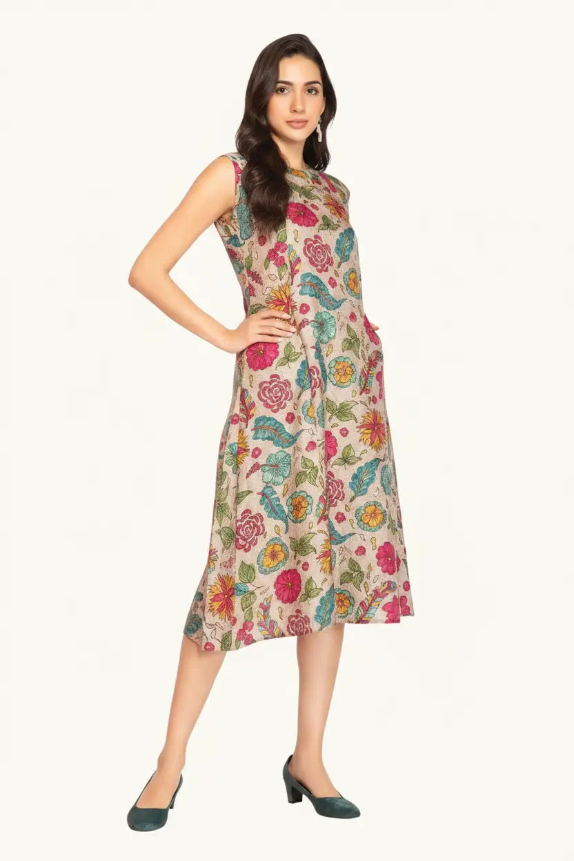 Woman wearing a colorful floral dress on a white background