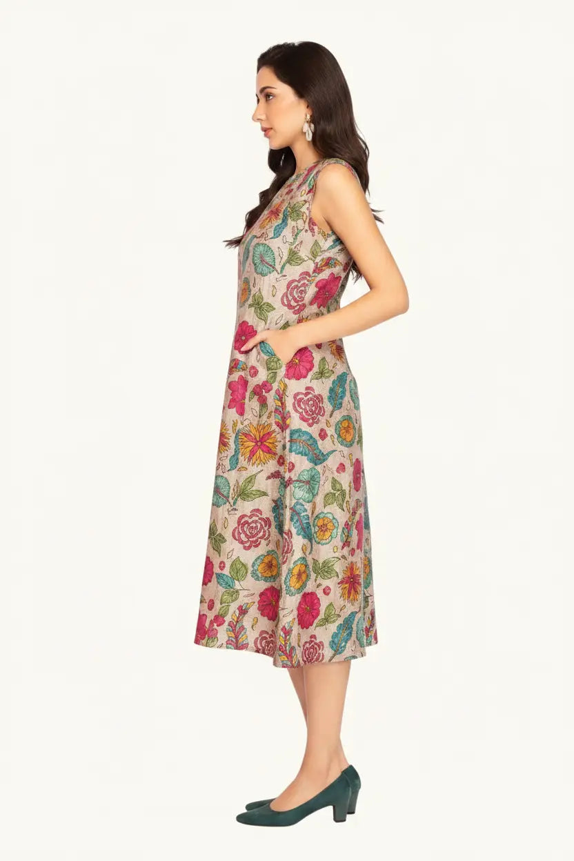 Woman wearing a floral dress on a white background