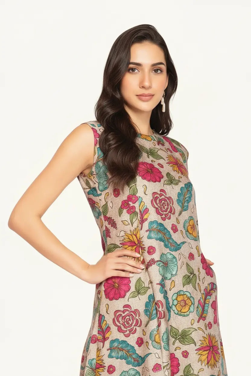 Woman wearing a sleeveless floral dress on a white background