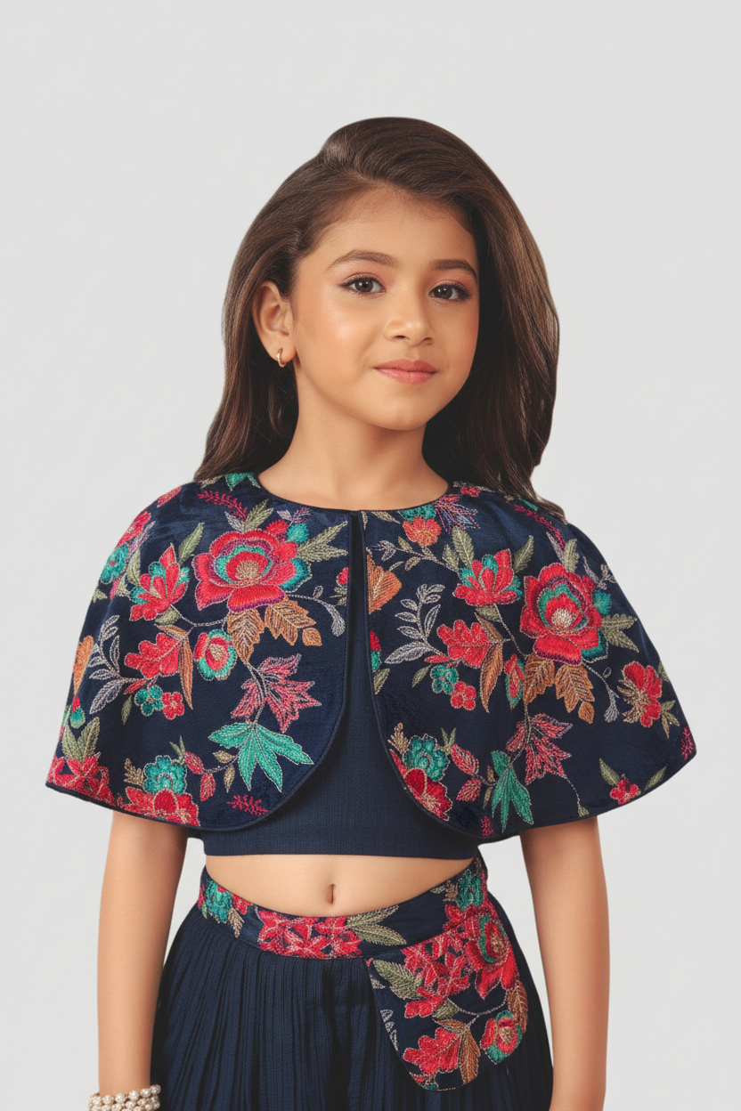 Young girl wearing a floral embroidered outfit on a white background