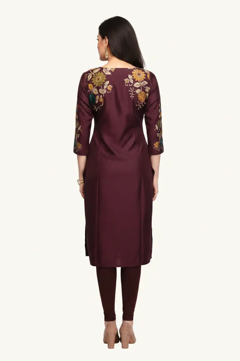 Maroon kurta with floral embroidery on a white background
