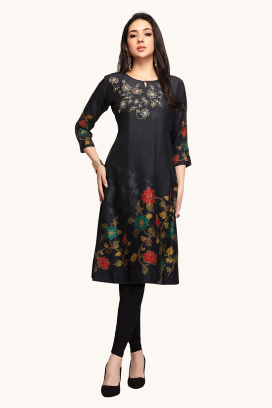 Black Dola Silk Straight Kurti - Rangoli India