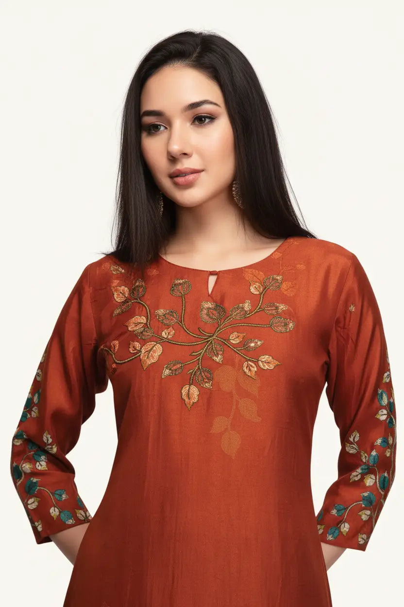Woman wearing a rust-colored embroidered dress on a white background