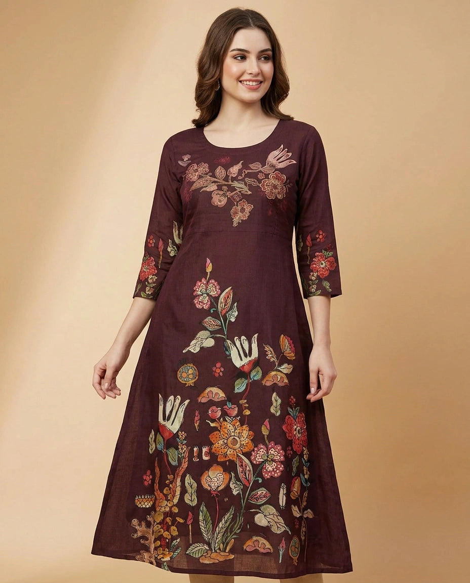 Wine Floral Embroidered Straight Kurti - Rangoli India