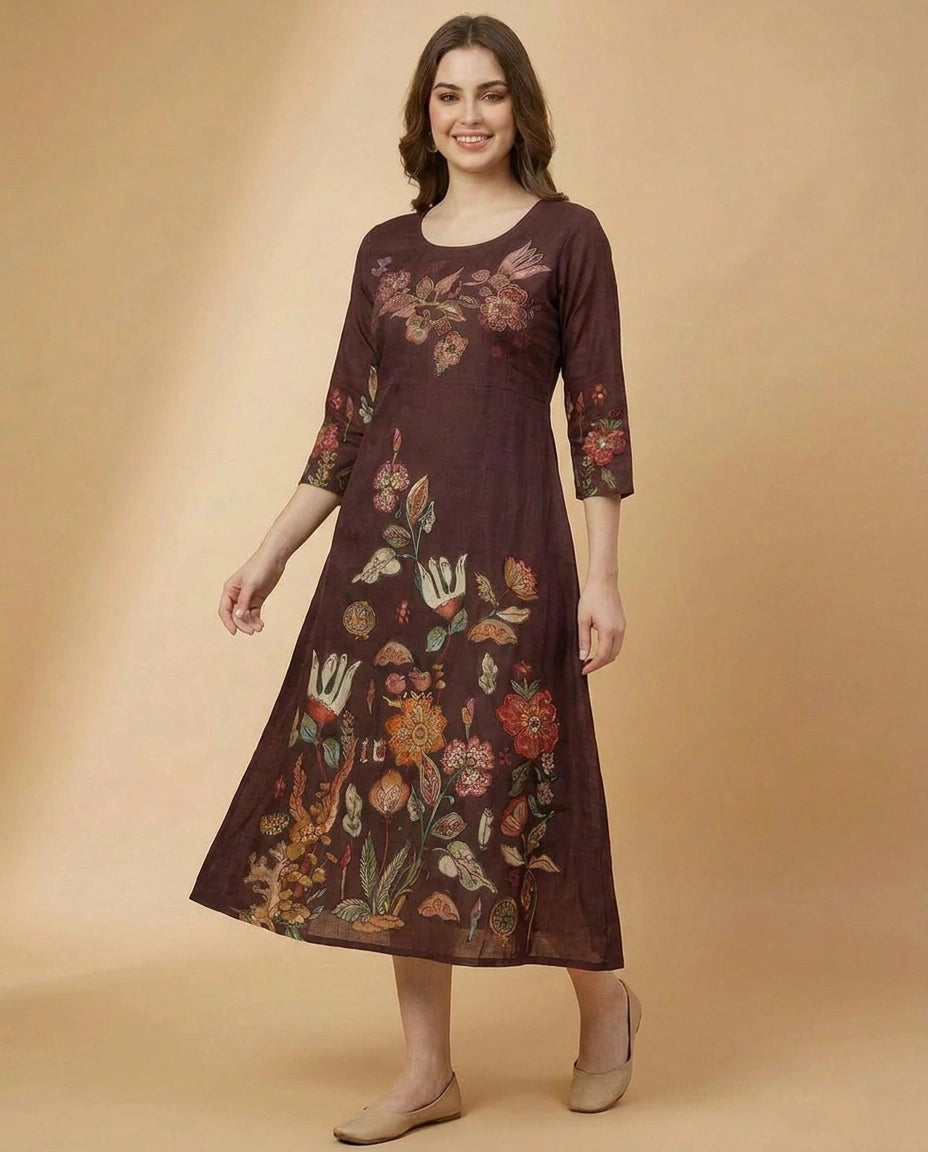 Wine Floral Embroidered Straight Kurti - Rangoli India