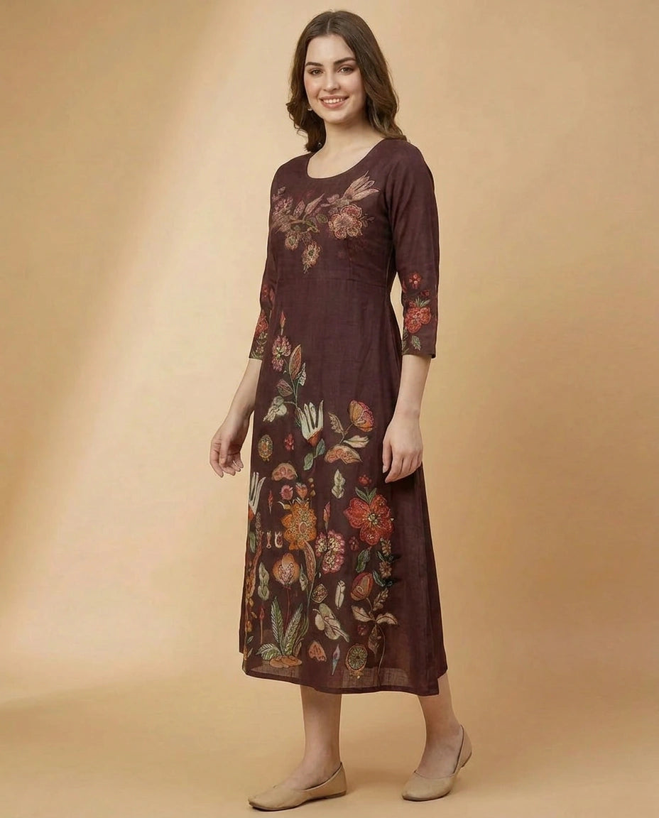 Wine Floral Embroidered Straight Kurti - Rangoli India