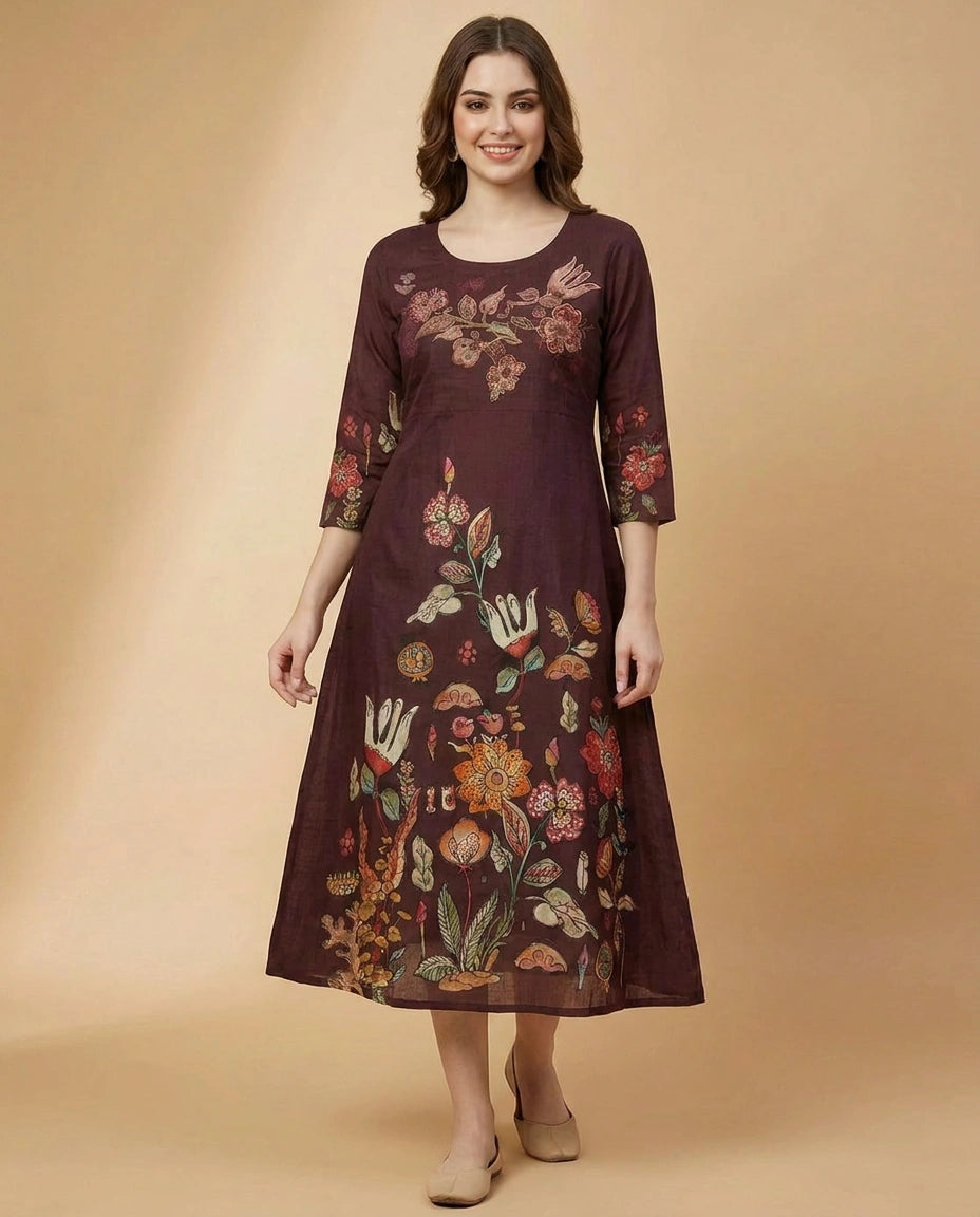 Wine Floral Embroidered Straight Kurti - Rangoli India