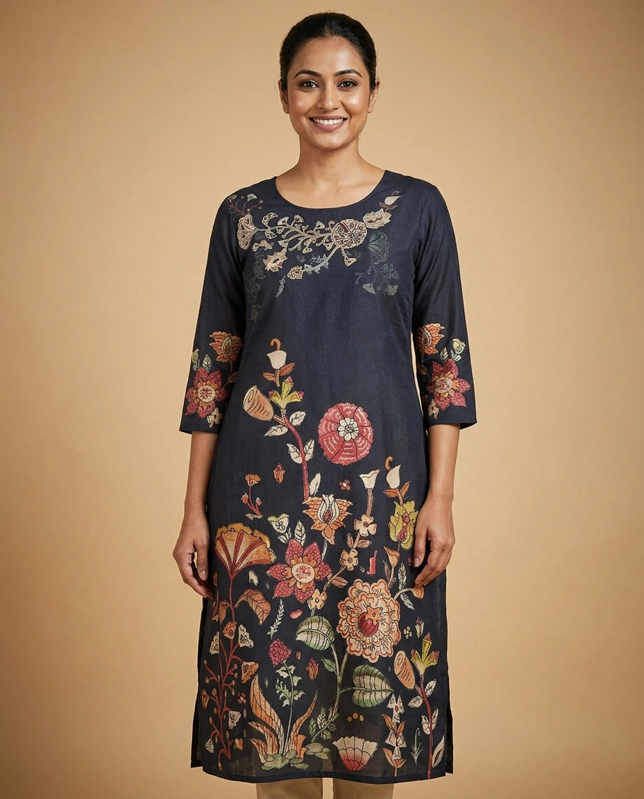 Black Floral Embroidered Straight Kurti - Rangoli India