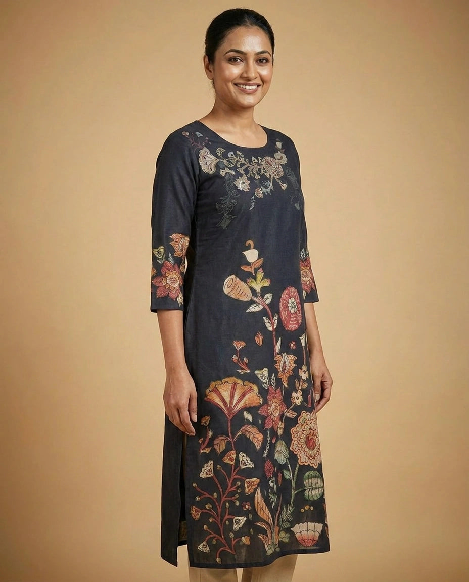 Black Floral Embroidered Straight Kurti - Rangoli India