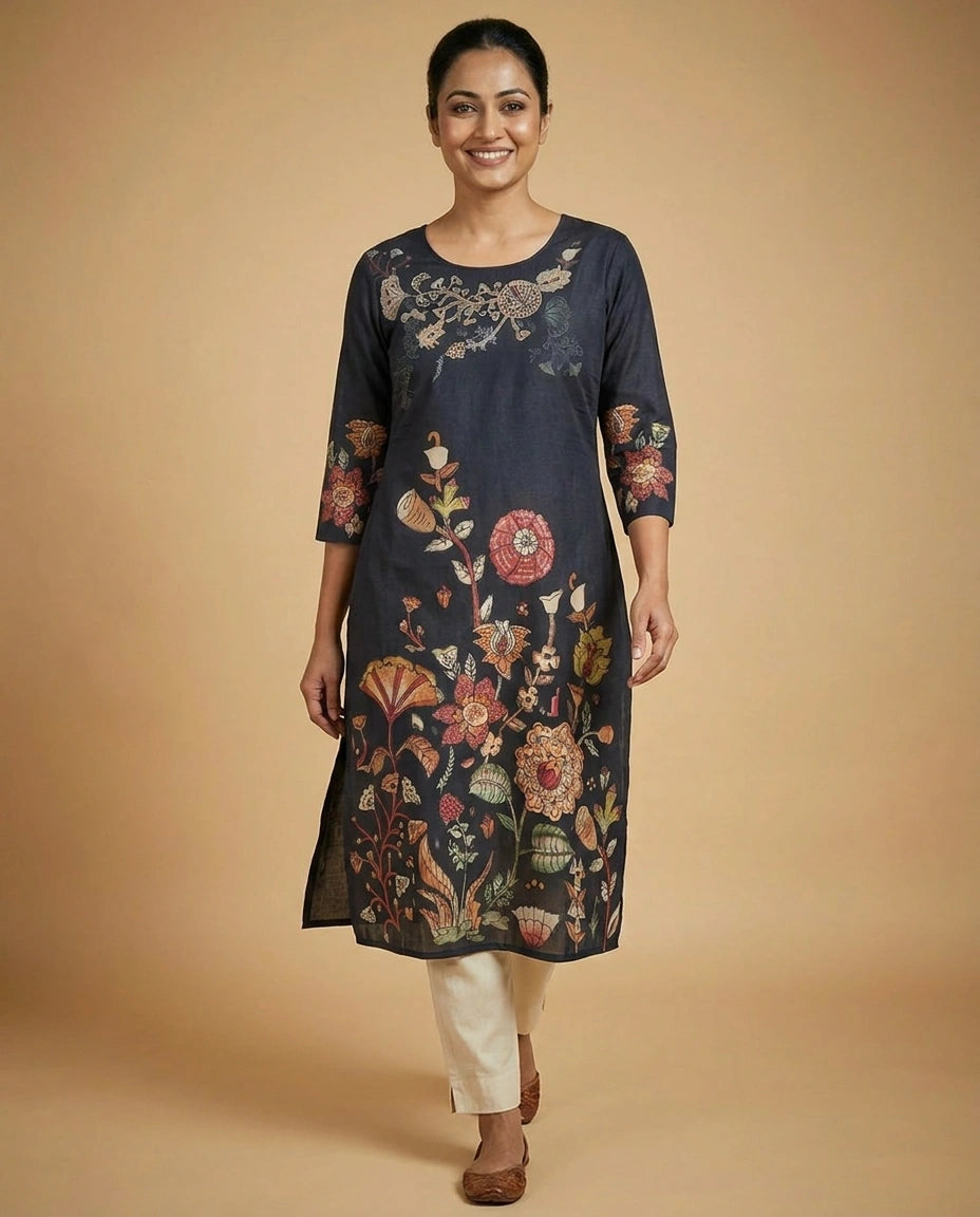 Black Floral Embroidered Straight Kurti - Rangoli India