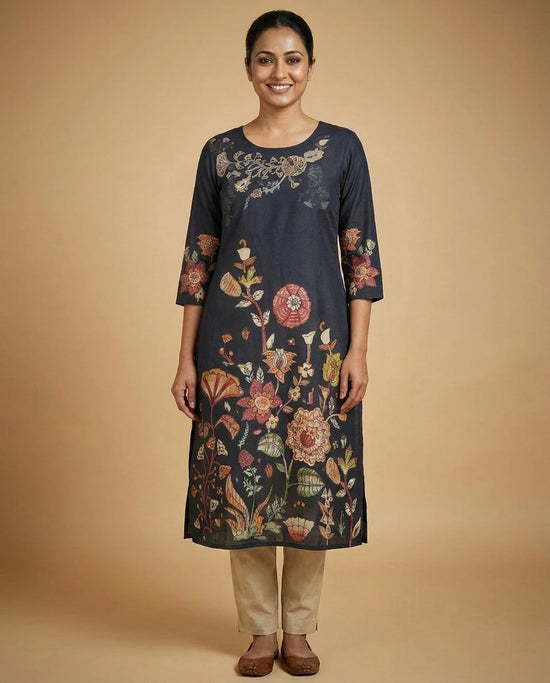 Black Floral Embroidered Straight Kurti - Rangoli India