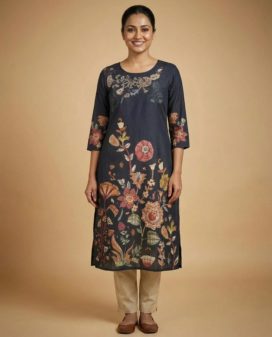 Black Floral Embroidered Straight Kurti - Rangoli India