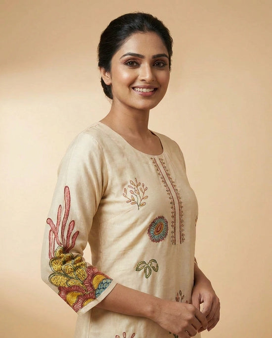 Beige Cotton Kurti Set for Women - Festive Wear