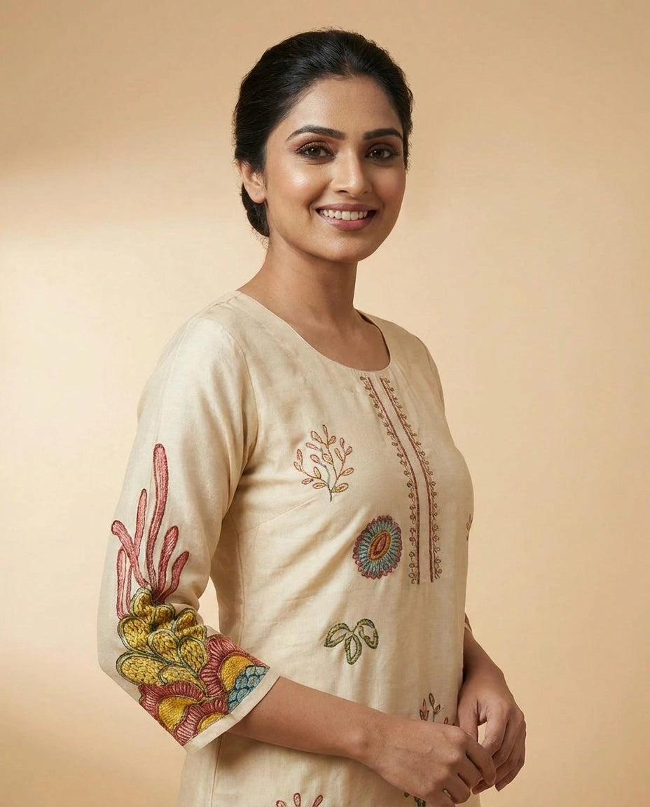 Beige Cotton Kurti Set for Women - Festive Wear